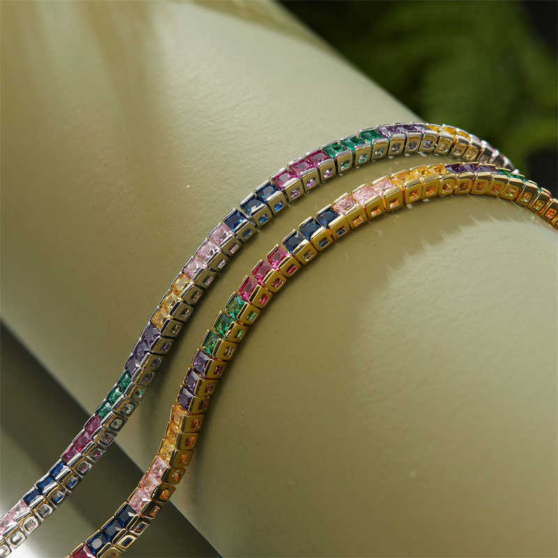 Link Chain 2021 New Baguette Cubic Zirconia Bracelet For Women Men Luxury Jewelry Gold Filled Rainbow Cz Tennis Gorgeous Trendy Bangle G230222