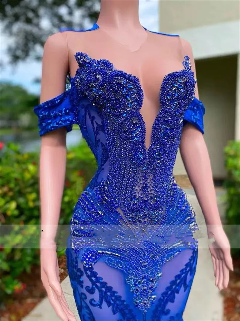 Royal Blue Mermaid Prom Dress 2023 For Black Girls Mesh Glitter Sequins Ruffle Crystal Off Shoulder Party Gown Robe De Bal