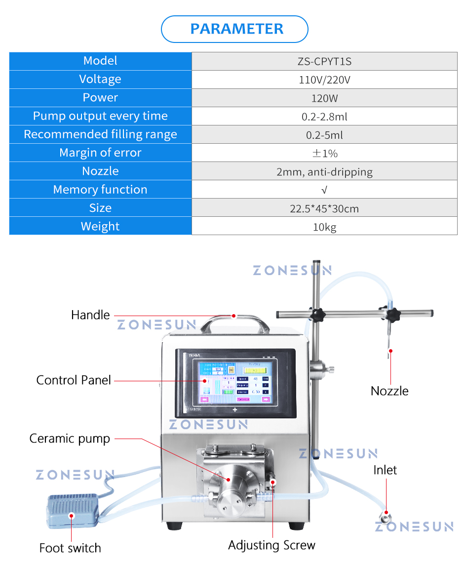 Zonesun Flakon Sıvı Dolgu Düşük Dozaj Reaktif Porsiyon Porsiyon Seramik Pompa Doldurma Makinesi Laboratuvarı Ekipmanları ZS-CPYT1S