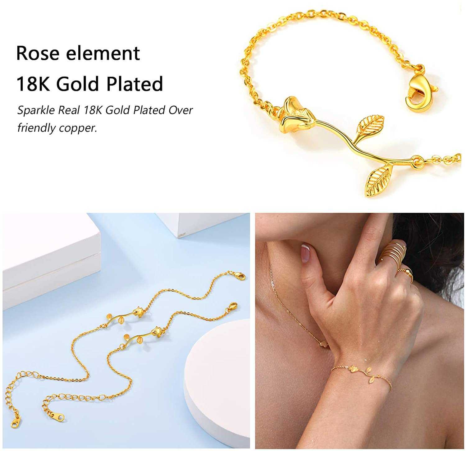 Link Chain U7 Women Gold Link Rolo Chain Yellow Rose Flower Charmel Blacelet verstelbaar 6,3-8,3 inch G230222