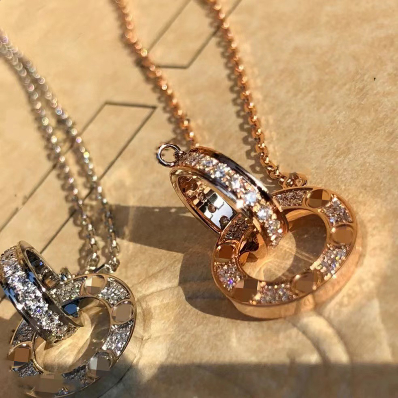 Mode Halskette Schmuck f￼r Liebhaber M￤nner Frauen Doppelring Voller CZ Diamond Anh￤nger achteckige Schraubkappe Liebe Halskette Paar Geschenk