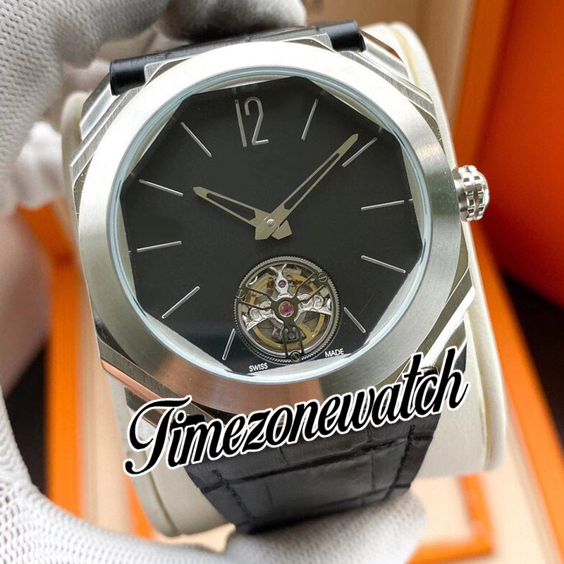 DJF Octo Finissimo 103016 Automatik-Herrenuhr Tourbillon, graues Zifferblatt, Strichmarkierungen, Titanstahlgehäuse, graues Lederarmband, neue Uhren, Zeitzonenuhr E44c