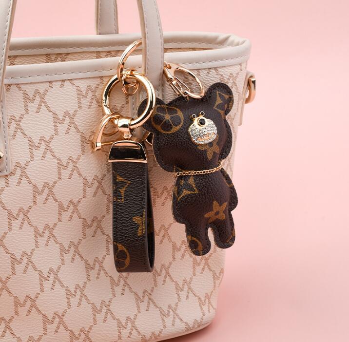 Cute Fashion bear Print Pattern PU leather Key Rings keychains Car Accessories Bag Key Ring Lanyard Key Wallet Chain Rope Chain set