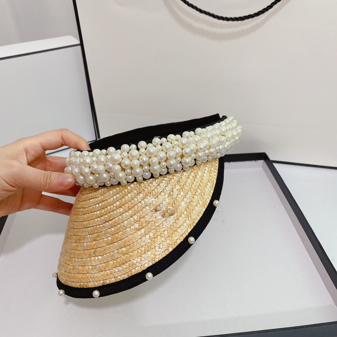 Women luxury pearl designer Visors leisure holiday travel straw weaving hat