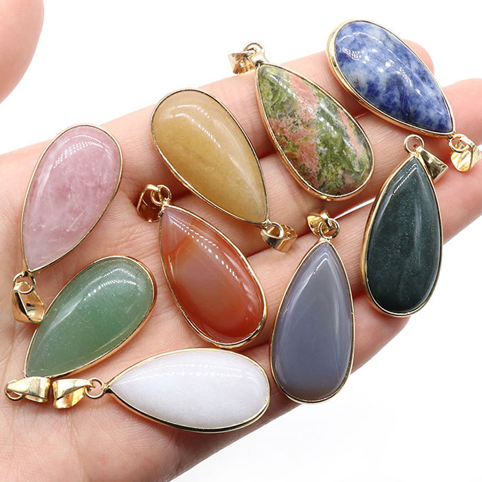 Natural Agate Crystal Semi-precious Stone Charms Waterdrop Agate Gold Border Edge Egg Pendant for Jewelry Making
