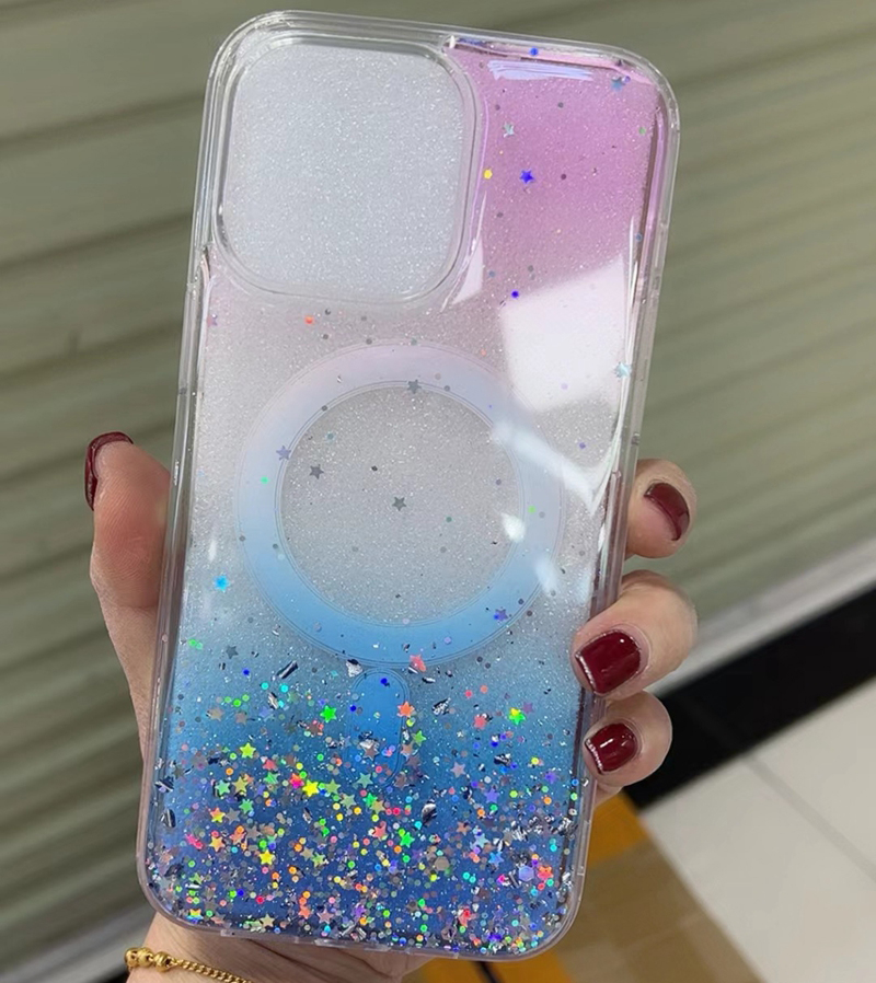 iPhone 14 Plus 13 Pro Max 12 Fashion Hard Arcylic TPU Dropping Glue Bling Subretti Sequinti Gradient Shockproof Magnetic Coverのためのマグネットワイヤレス充電ケース