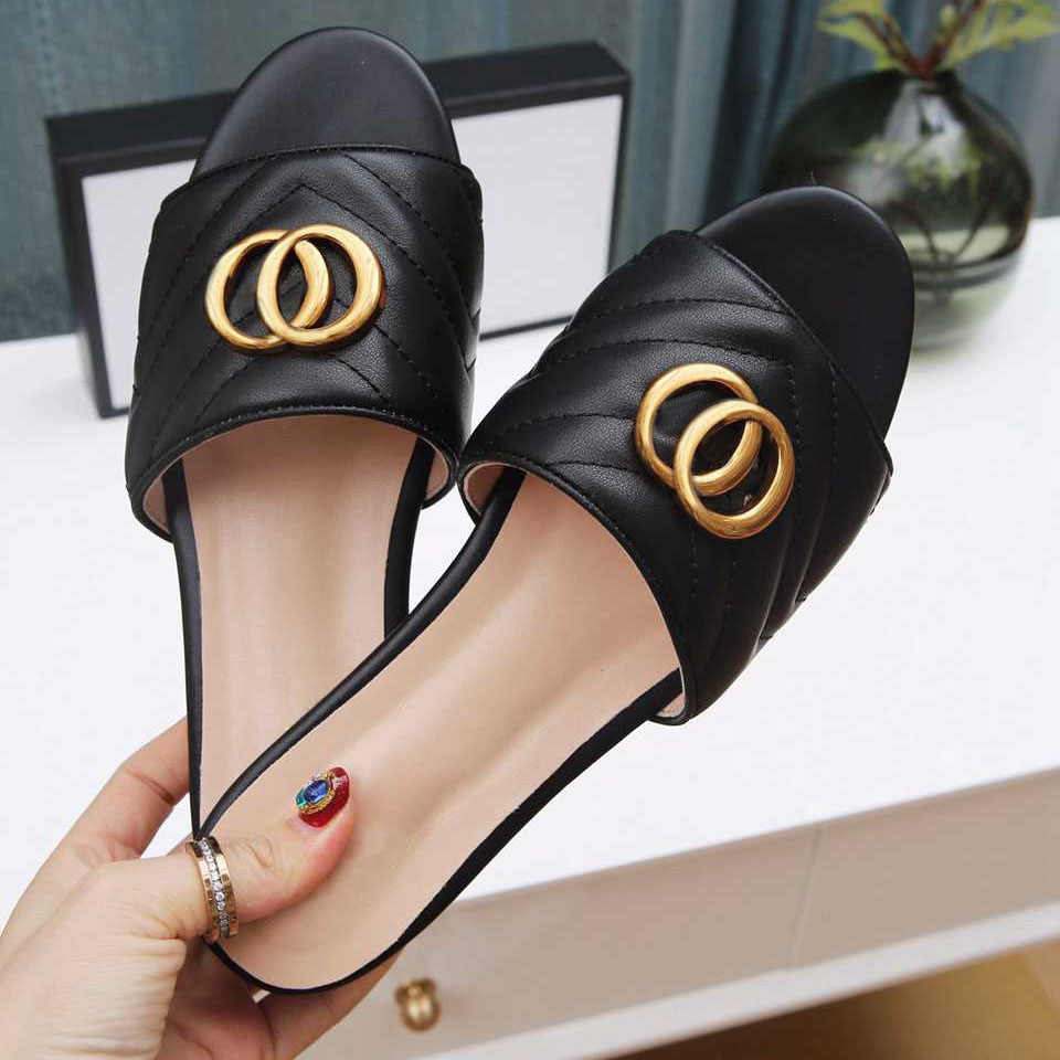 Designer Leather Slippers Women New products Loafer Flat summer luxury double letter luxury slippers soft comfortable non slip open toe flip flops size 35-43