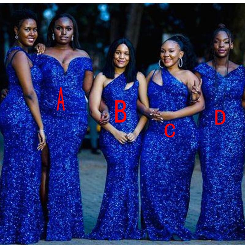 2023 Royal Blue paljetter brudtärna klänningar sjöjungfru golvlängd en axel anpassad plus storlek piga av hedersklänning land strand bröllop fest klänningar