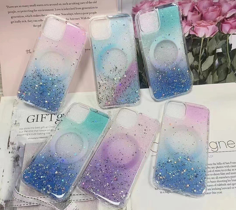 iPhone 14 Plus 13 Pro Max 12 Fashion Hard Arcylic TPU Dropping Glue Bling Subretti Sequinti Gradient Shockproof Magnetic Coverのためのマグネットワイヤレス充電ケース