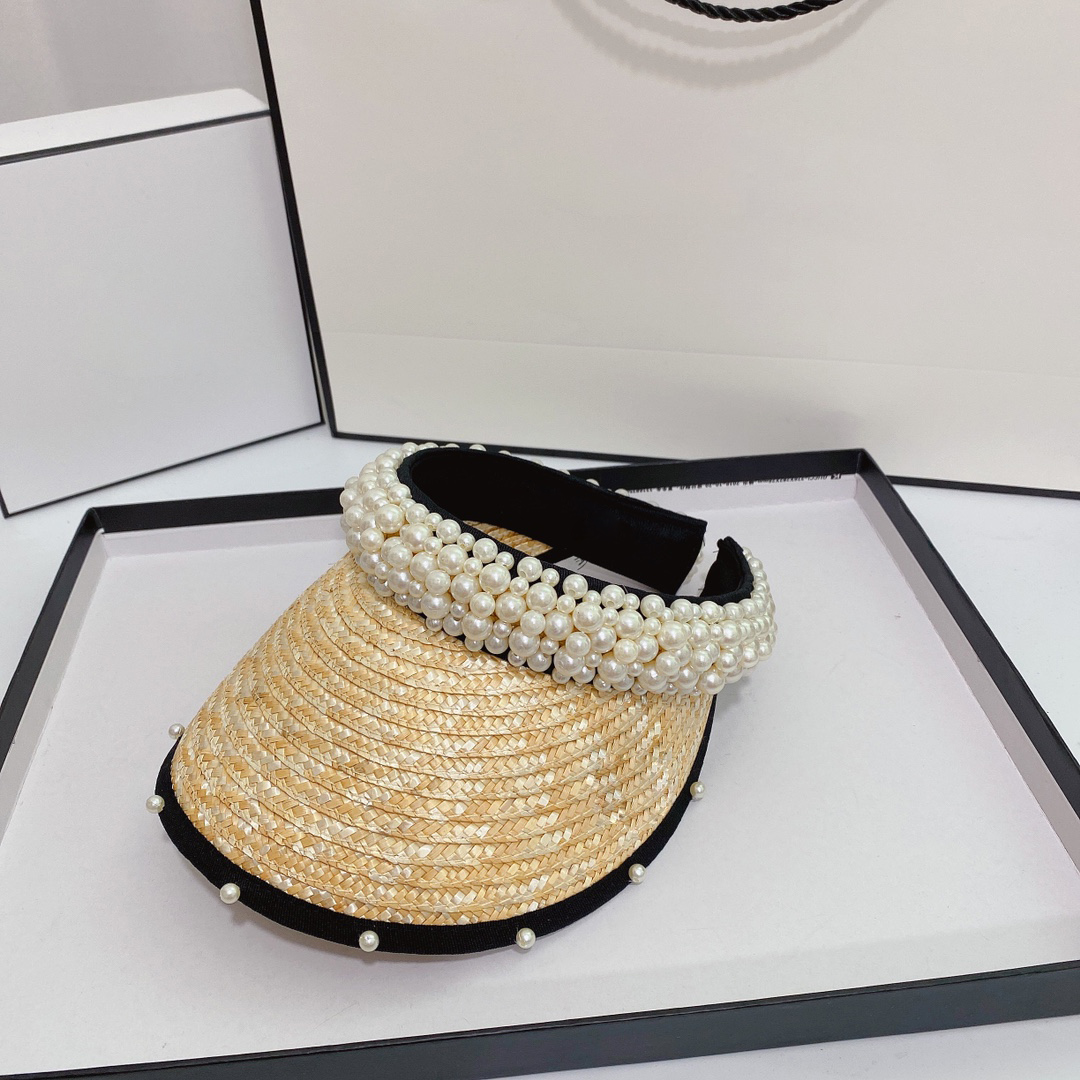 Women luxury pearl designer Visors leisure holiday travel straw weaving hat