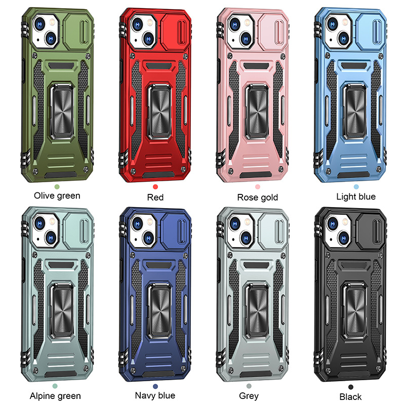 Coque blindée antichoc pour iPhone, compatible modèles 14, 13, 12, 11, X, Xs Max Pro, XR, SE Mini, avec anneau de support magnétique pour voiture, housse de caméra coulissante