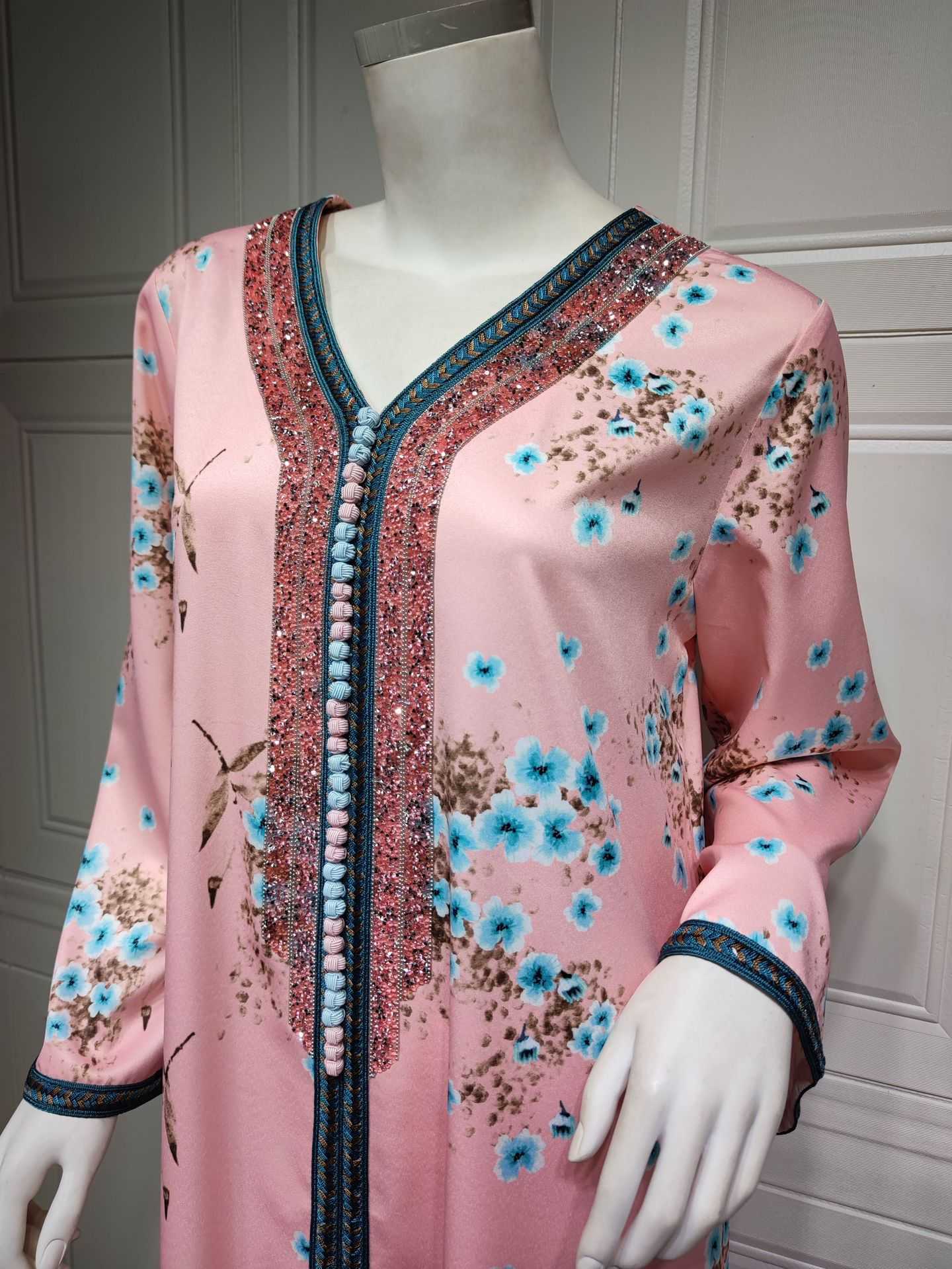 Etniska kläder 2022 Spring Floral Print Muslim Abaya Dress Women Diamond Dubai Arab Turkiet Marocko Kaftan Islamic Clothing Gown Robe Vestido