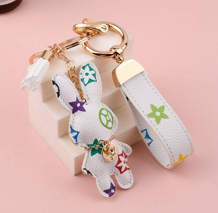 Bunny Design Key Chains Ring Pompom Ball Rabbit Bag Pendant Charm Keyring Buckle Gift Jewelry Accessories PU Leather Brown Flower Animal Lanyard Car Keychain Holder