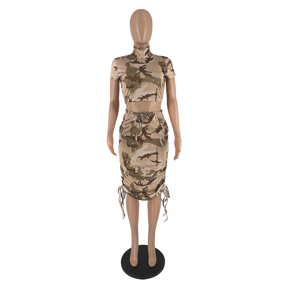 Women Camouflage Two Piece Dress Slim Sexy Bodycon Short Sleeve Crop Top Sets Casual Outfits