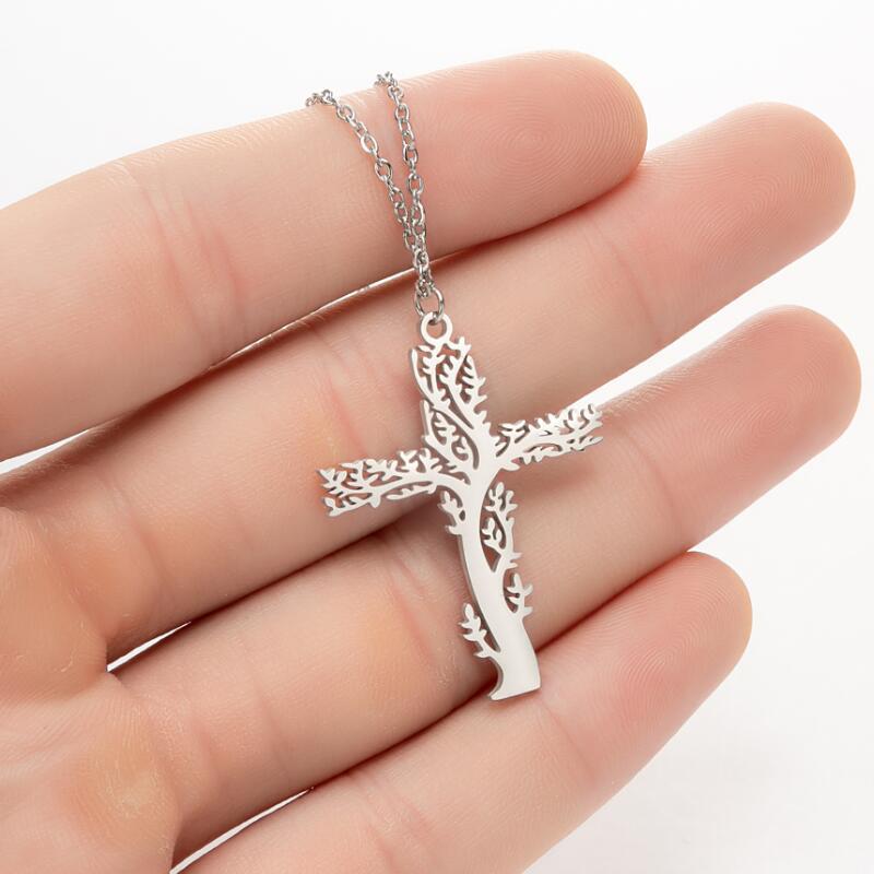 Tree of Life Cross Halsband Rostfritt st￥l Kristen Jesus Religi￶s Crucifix Pendants Chain Choker B￶n Baptism Amulet Chokers Collar SMEE sach