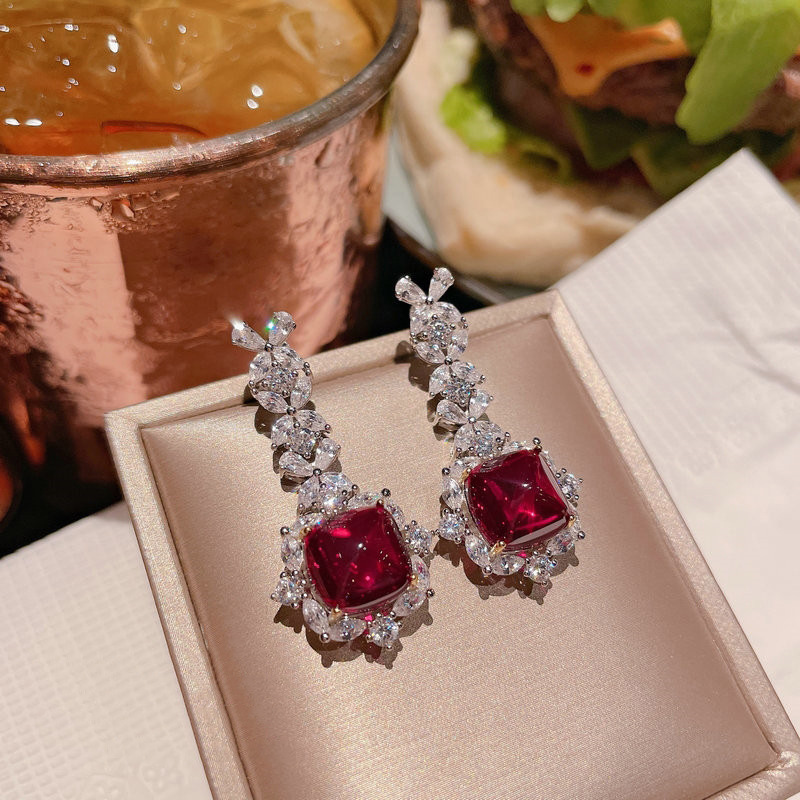 Girlfriend wedding jewelry Pendant Necklaces women fashion red tourmaline square ruby sweet zircon diamond earrings white gold plated ring set party birthday gift