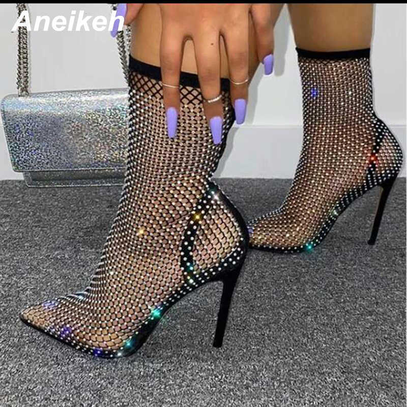 Sandali Aneikeh Summer Bling Strass Mesh Stivaletti con punta a punta Tacchi alti a spillo Scarpe di cristallo femminili Y2302