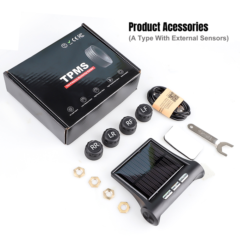 الإطارات Pressur Solar Power TPMS TPMS نظام مراقبة الضغط نظام LCD 4 مستشعرات داخلية خارجية لتحذير درجة حرارة سيارات الدفع الرباعي