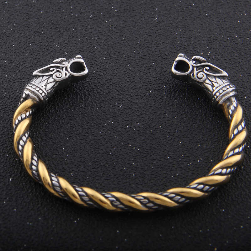 Cadeia de link New Aço inoxidável nórdico lobo cabeças de pulseira mistura cor de ouro e joias viking de cor prata como homem ou mulher presente G230222