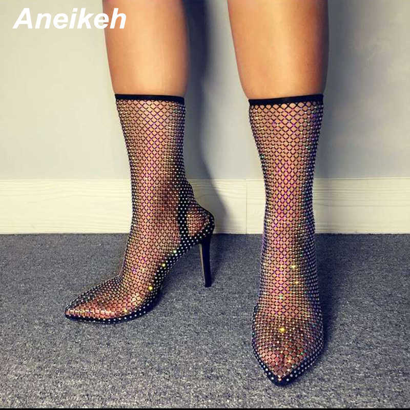 Sandali Aneikeh Summer Bling Strass Mesh Stivaletti con punta a punta Tacchi alti a spillo Scarpe di cristallo femminili Y2302