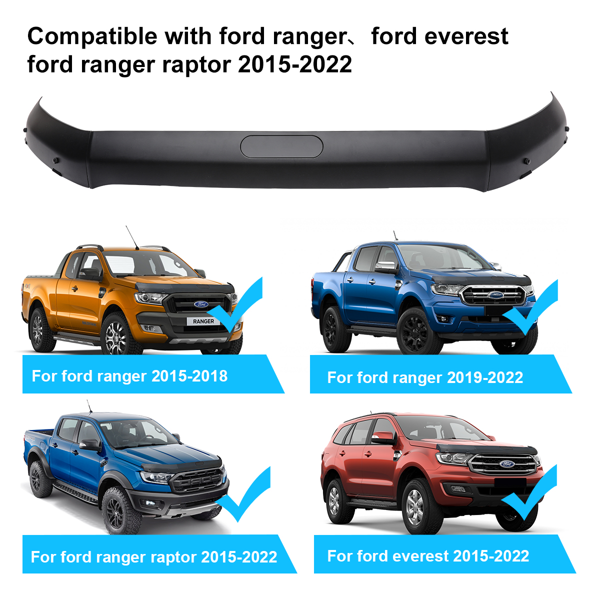 Ford Ranger 2015-2022 랩터 에베레스트 매트 블랙을위한 블랙 타이어 캡 보닛 스쿠프 후드 가드 방패