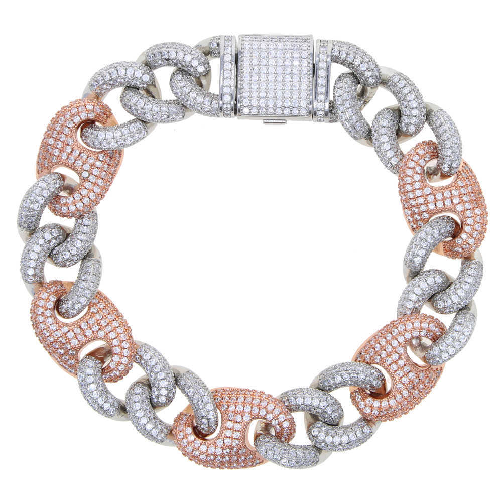 Chaîne à maillons 15 mm de large Chaînes à maillons cubains Mode Hiphop Bijoux Iced Out Bling 5A Cubic Zirconia CZ Pavé Deux Tons Couleur Femmes Hommes Bracelet G230222