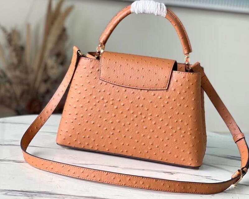 Realfine Bags 5A M95393 31.5cm Capucines MM Ostrich Leather Totes Handbag Shoulder Purses For Women with Dust bag