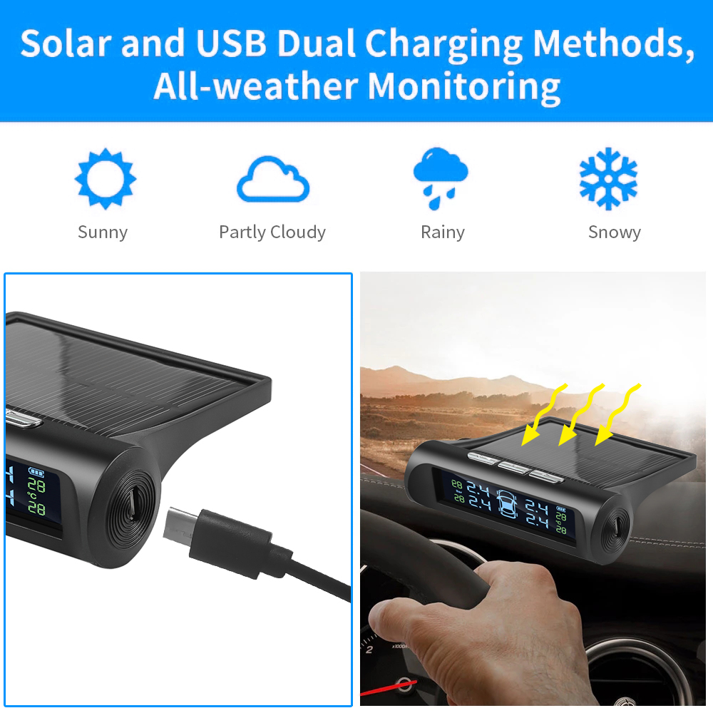 433.92MHz bil TPMS Digital Solar Power Car Tire Pressure Monitoring System med 4 sensorer USB Auto Security Alarm Tool PSI Bar