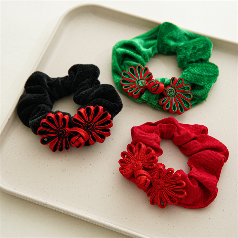 New Year Pony Tails Holder Red Chinese Knot Flannel Large Intestine Hair Band Accessories Cross Border Women's All-Match Elastic Hair Ring