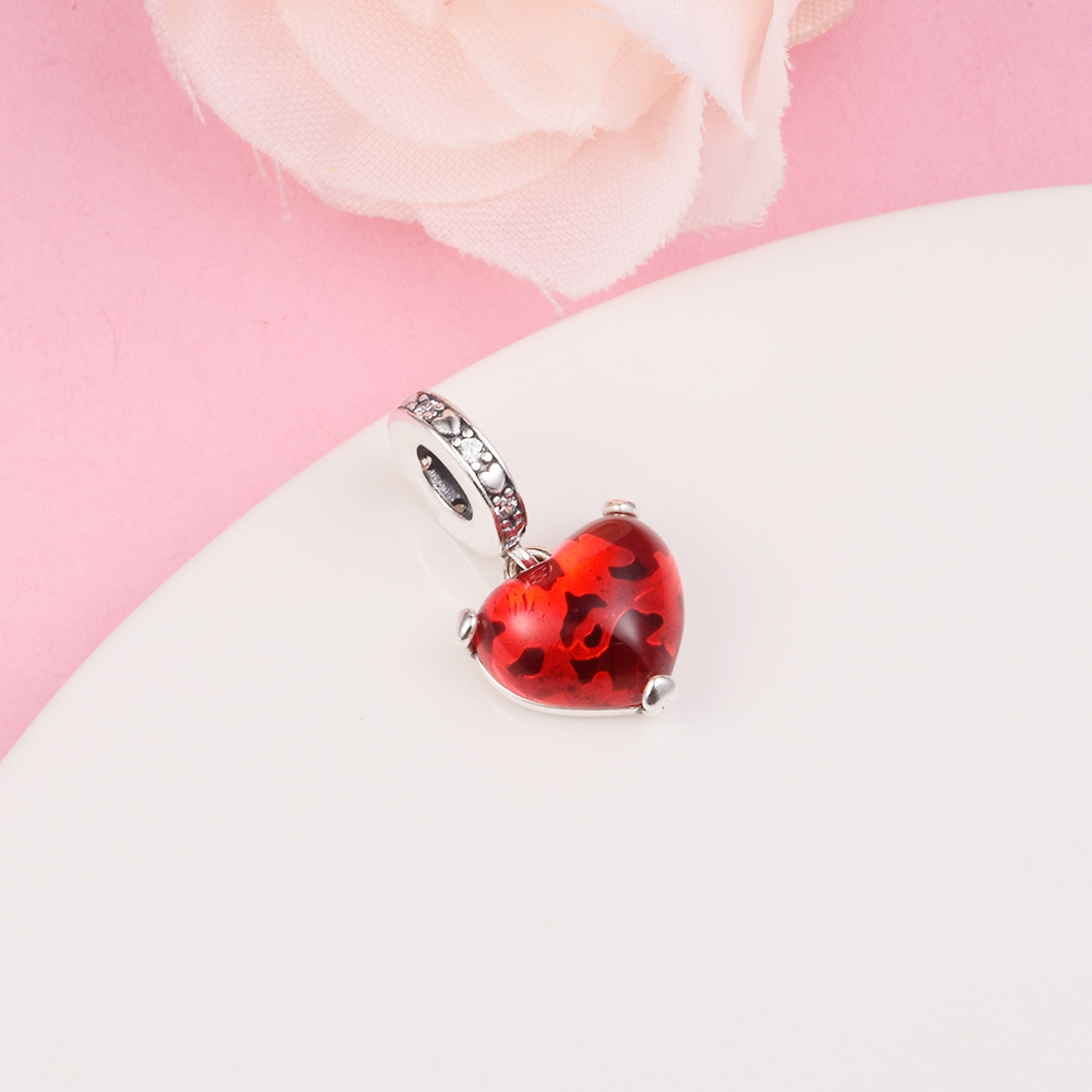 925 Sterling Silver Mouse Kiss Red Murano Glass Dangle Bead تناسب المجوهرات الأوروبية Pandora على غرار الأساور