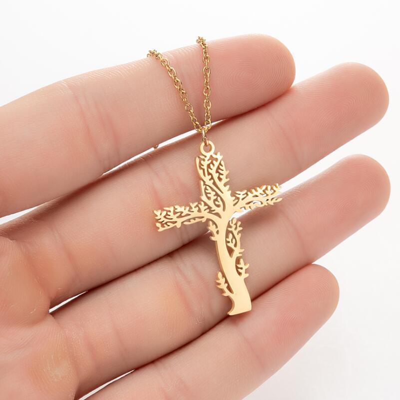 Tree of Life Cross Halsband Rostfritt st￥l Kristen Jesus Religi￶s Crucifix Pendants Chain Choker B￶n Baptism Amulet Chokers Collar SMEE sach