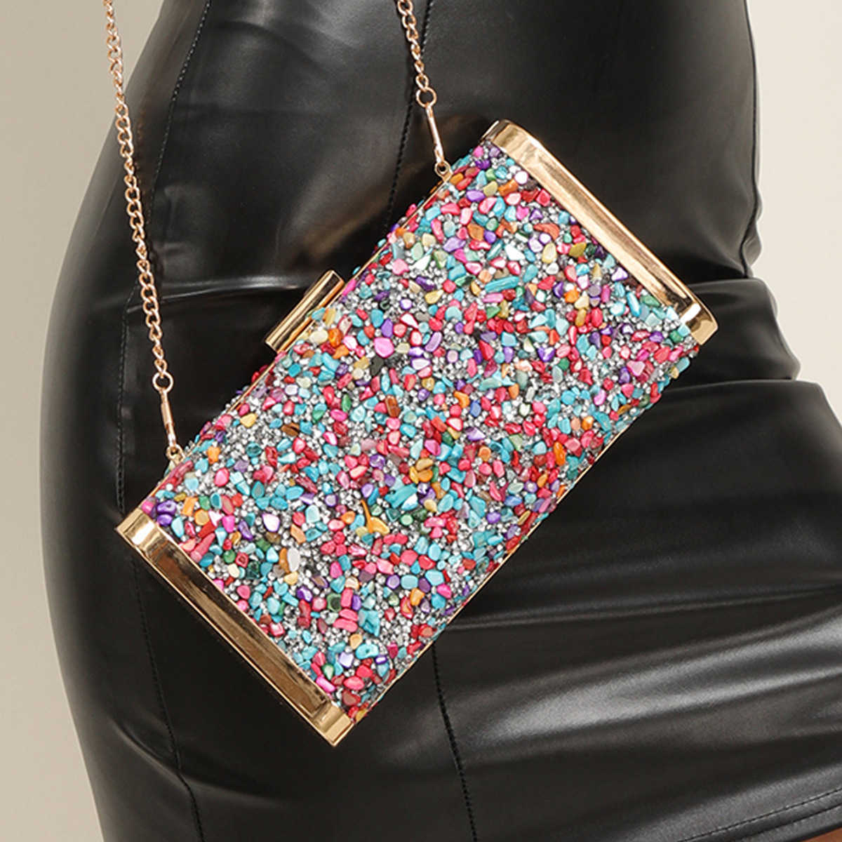 2022 Full Side Colorful Stone Evening Bags Fashion Sequins Wedding Wallets Mini Party Banquet Bags With Chain Drop Shipping 230224