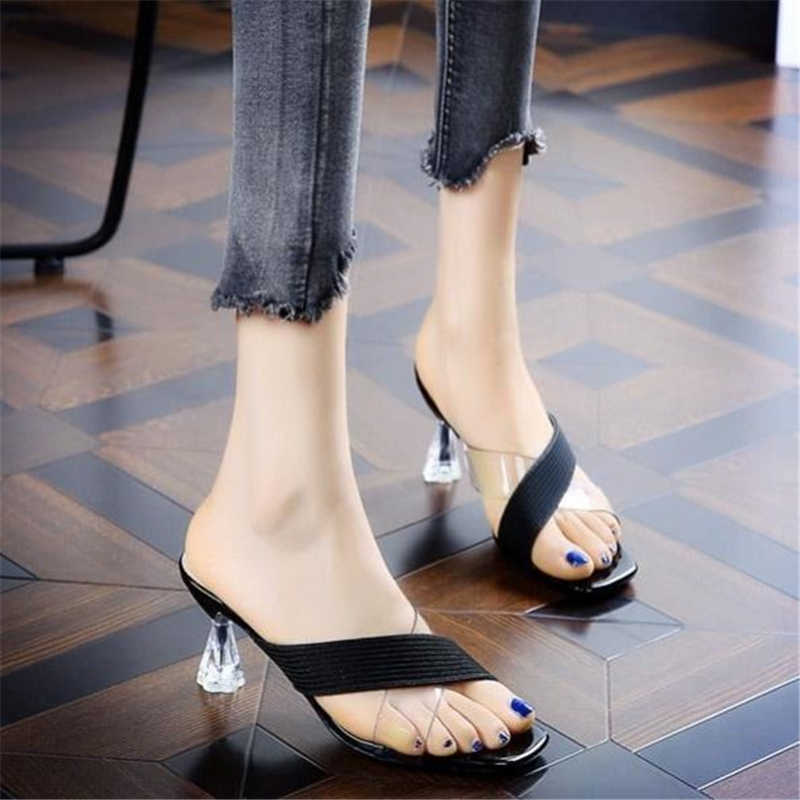 Sandaler Comemore 2021 Kvinnliga tofflor Kvinnor Fashion High Heels Transparent Medium Heel Elegant Summer For Girls Women's Shoes 34 Y2302