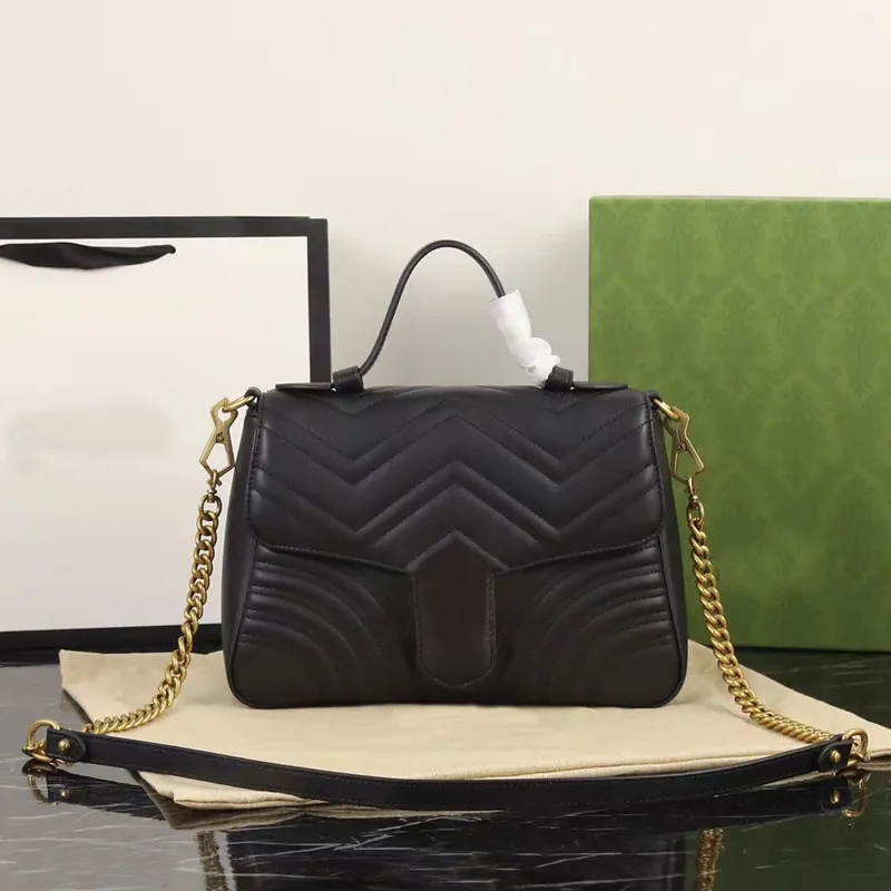 Kvinnor Luxury Pure Marmont Axelväskor Designer Black Chain Cross Body Bag Pu Leather Handväskor Purse Kvinnlig Messenger Tygväska