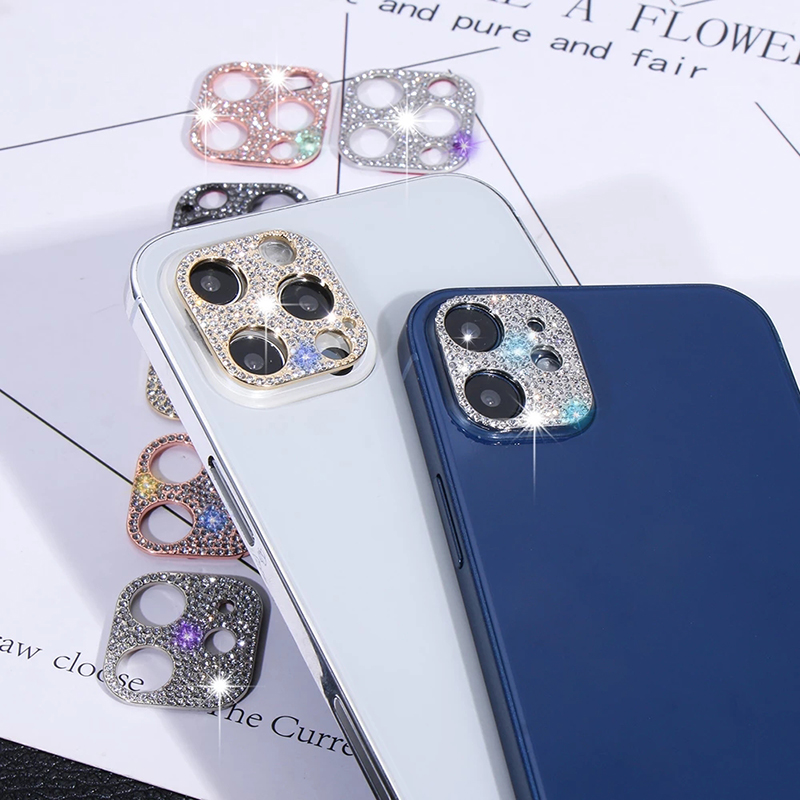 Diamond Metal Metal Camera Lente Protetor de vidro temperado Bling brilhante resistente a arranhões para iPhone 14 13 12 mini 11 Pro Max