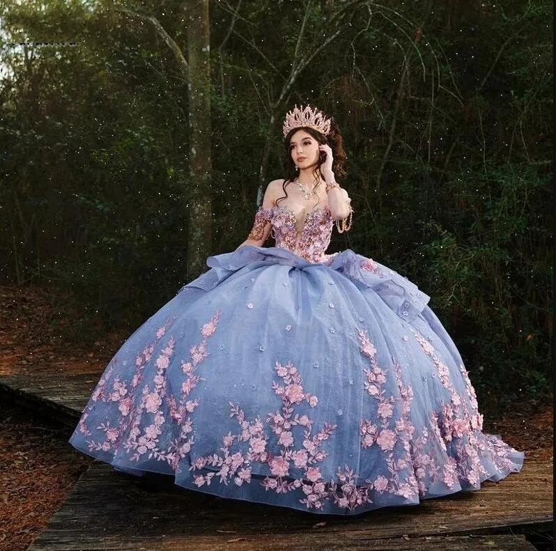 Sky Blue Lace princess Quinceanera Dresses With Cap Floral Beading Charro Mexican Vestidos De 15 Anos Sweet 16 Pageant Dress