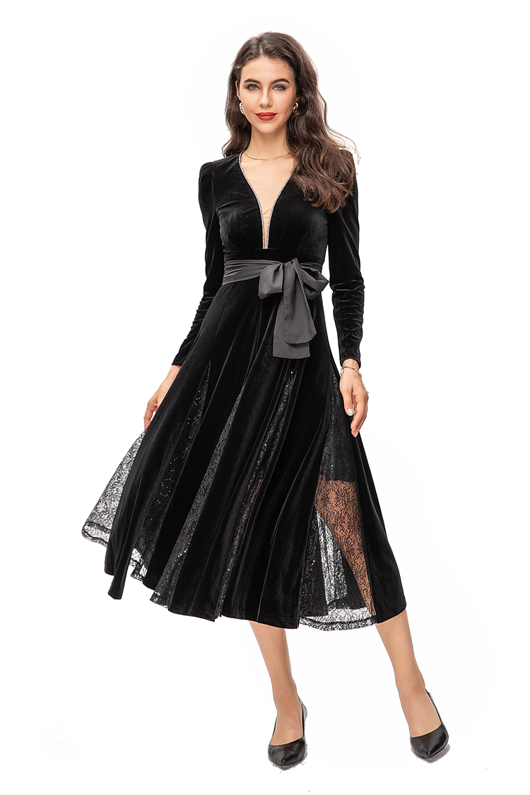 Women's Runway Dresses V Neck Long Sleeves Patchwork Lace Elegant Fashion Designer Mid Vestidos