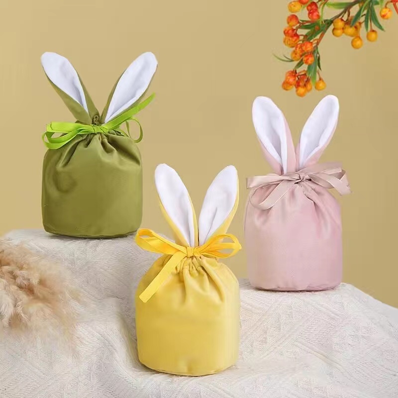 Velvet Easter Bunny Bucket Favor Short Ears Rain Basket Drawstring Candy Bag Soft Plush Storage Påsar C15