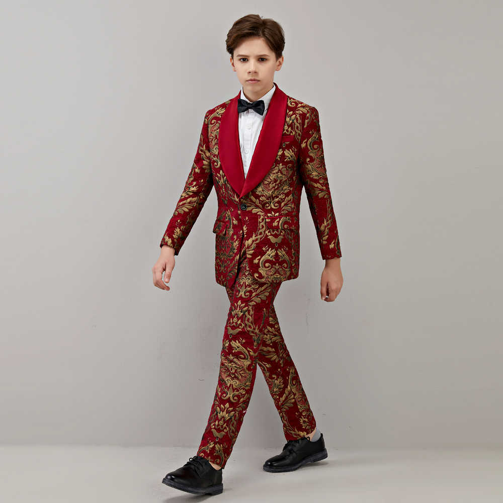 Kledingsets Boy's Come Baby Suits Children Wedding For Boys Blazer Kids Prom Formal Dessen Evening Jurken 2 Stcs Wine Red Jacquard Rapel W0224