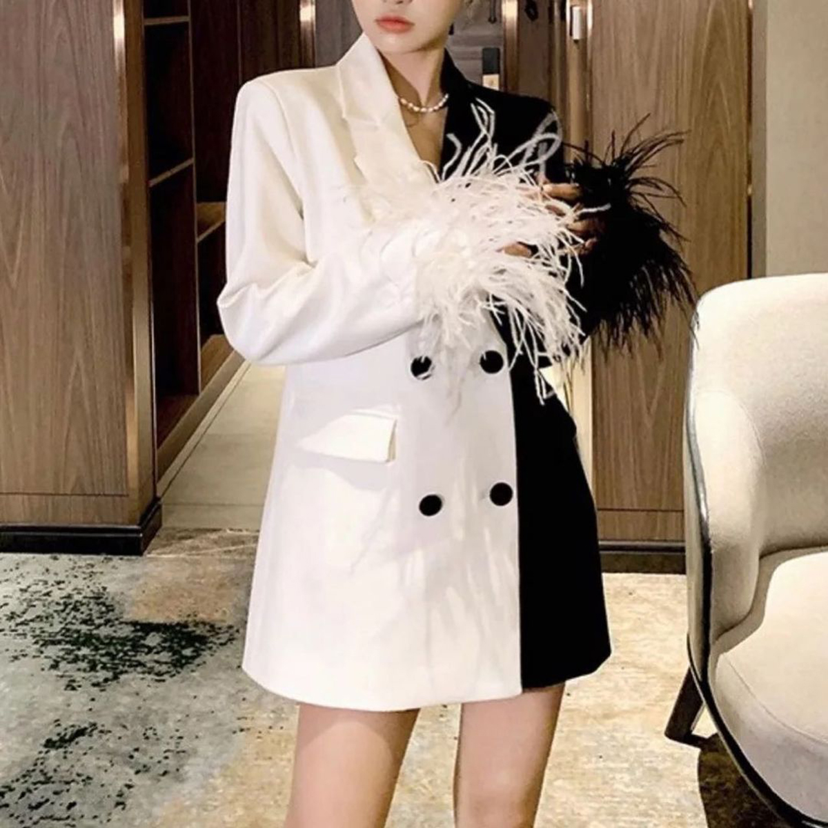 Noir Blanc Plume Costume Femmes Blazer Mince Mère De La Mariée Dressing Soirée Veste Invité Porter Une Pièce