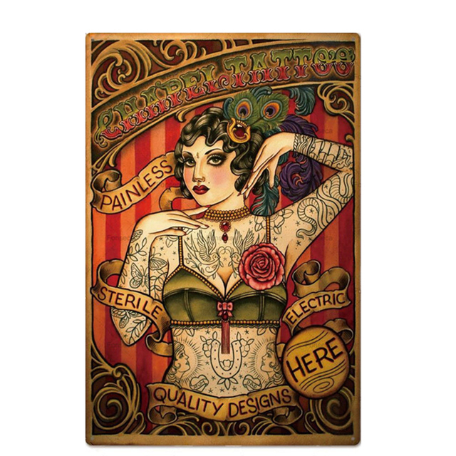 Tatuaż znak blaszany Vintage Tattoo Studio sklep dekoracje ścienne seksowna pani metalowe tabliczki człowiek jaskinia Pin Up Girl znak blaszana tabliczka plakat tablice dekoracje ścienne do domu dziewczyny rozmiar 30X20CM w01