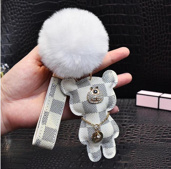 Cat Bear Pompom Keychains Fashion Rhinestone Key Ring Pu Leather Teddy Car Keychain Buckle Jewelry Bag Charm Animal Keyring Hold For Women Gift