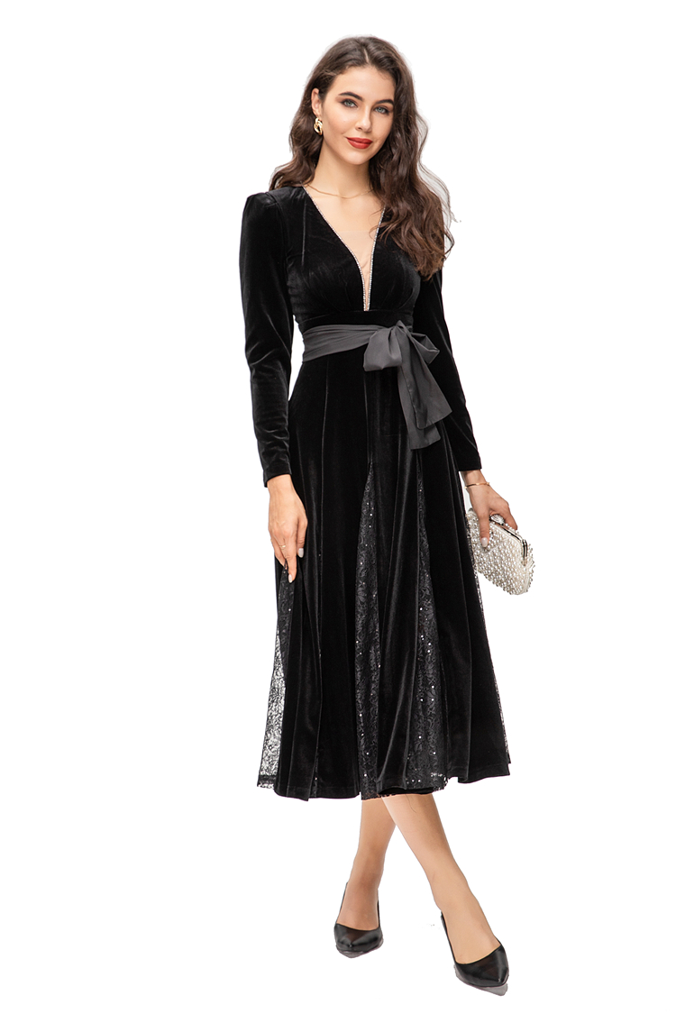 Women's Runway Dresses V Neck Long Sleeves Patchwork Lace Elegant Fashion Designer Mid Vestidos