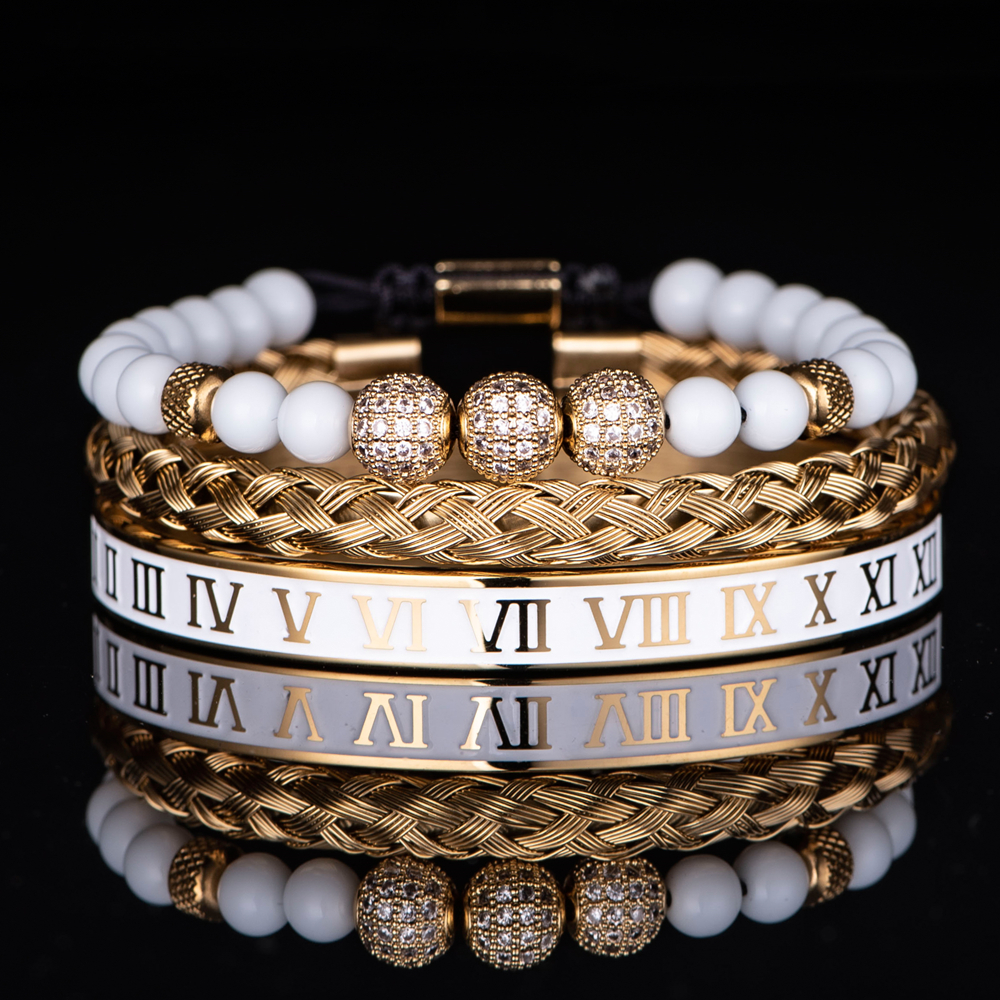 Luxus Set Crown Charm Gold Farbe Schädel Armband Edelstahl Männer Weiß Emaille Römische Zahl Armreifen Europa Mode Schmuck