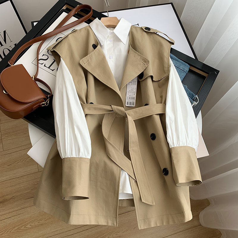 Fashion 2023 Spring New Women Outerwear Coats Trench CoatsTemperament Two-piece Suits Women British Style Windbreaker Vest Jacket Bottoming White Shirts