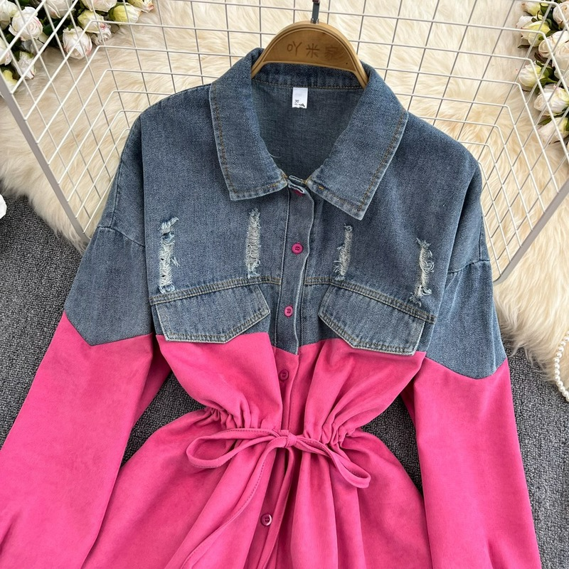 Turn Down Collar Contrast Color Denim Patchwork Blouse Single-breasted Drawstring Blusa Korean 2023 Loose Casual Shirt 2023