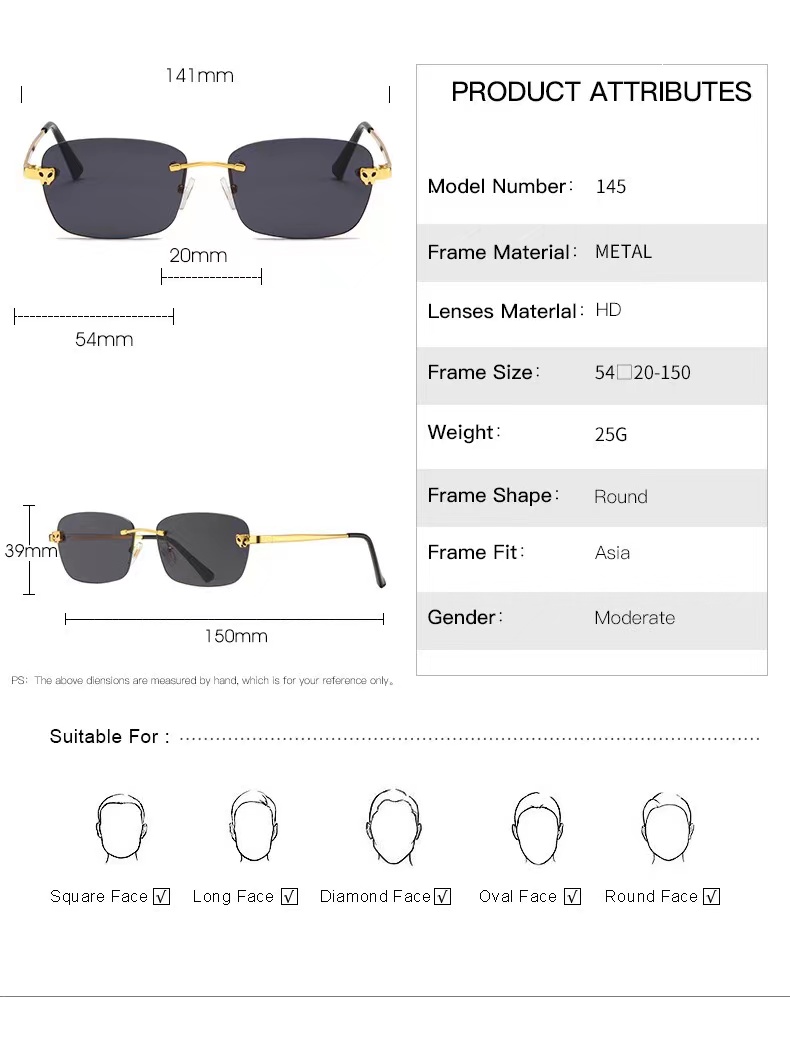 Rimless Solglas￶gon Rektangel Solglas￶gon Designer Solglas￶gon Kvinna Eyeglasses Gafas de Sol Leopard Head Metal Driving Sunshade Luxury Goggles Vintage Sun Glasses