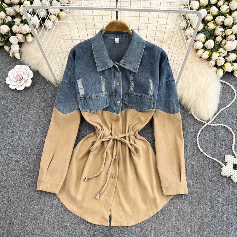 Turn Down Collar Contrast Color Denim Patchwork Blouse Single-breasted Drawstring Blusa Korean 2023 Loose Casual Shirt 2023