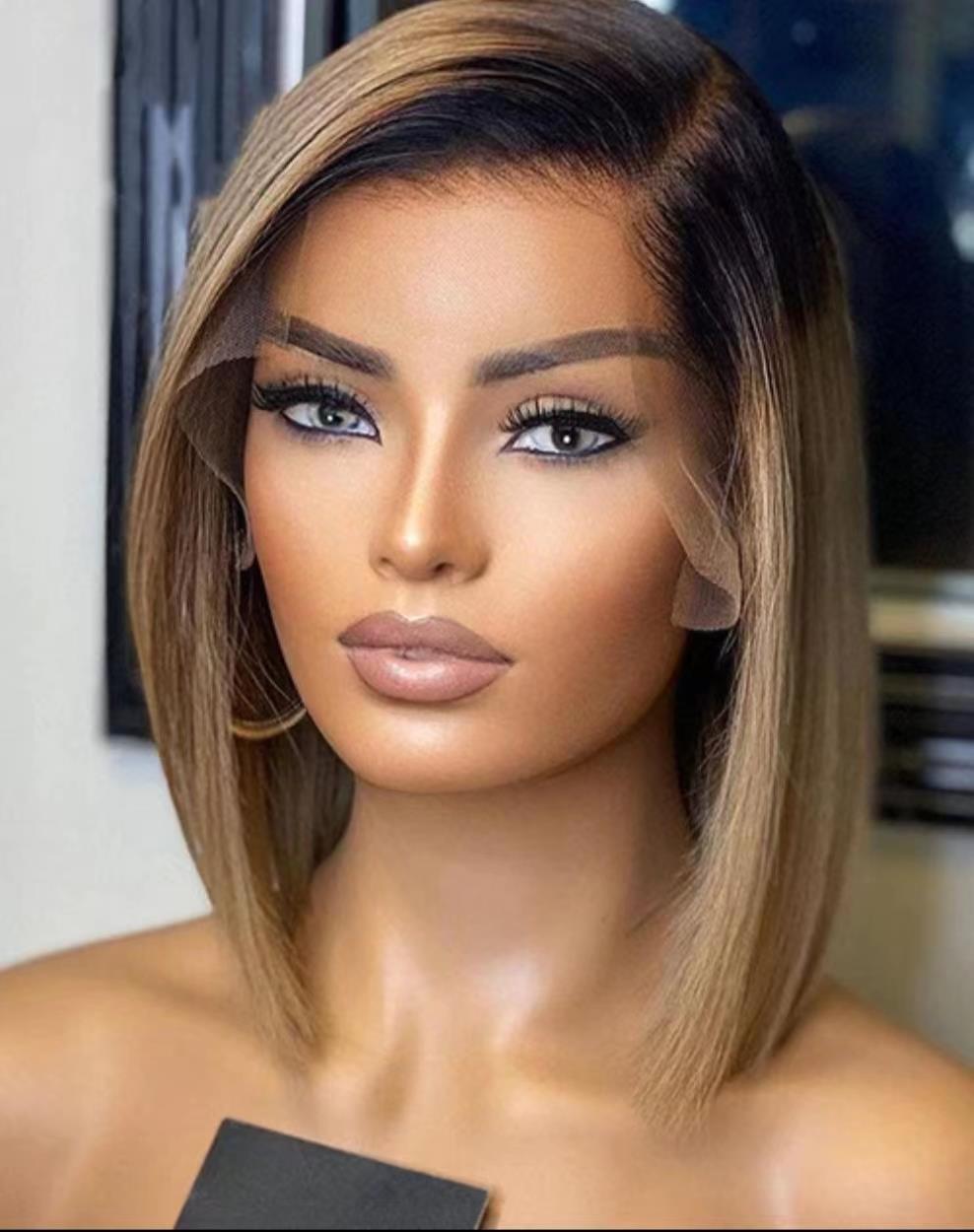 gluelless Human Hair Wig Ombre Ash Blonde Short Straight Cut 4x4 Lace Front Bob Wig