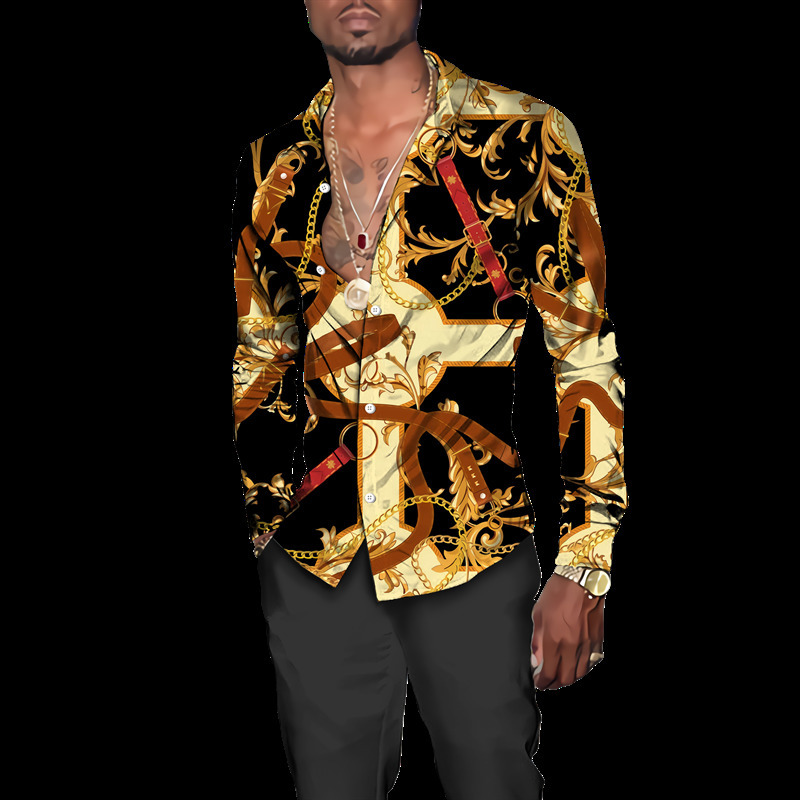 Mäns avslappnade skjortor Luxury Men's Shirts Fashion Golded Chain 3D Printed Long Sleeve Tops Turn-Down Conged Shirt Party Club Cardigan Bluses 230225